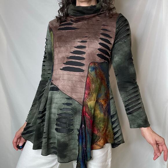 Vintage Y2K patchwork razor cut turtleneck tunic top tie dye long sleeve M - Picture 1 of 17